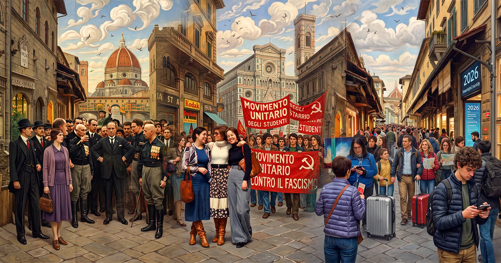 Composite illustration showing Florence in 1926, 1976, and 2026, with the Duomo as a constant backdrop while the people, politics, and tourism evolve across the three eras.