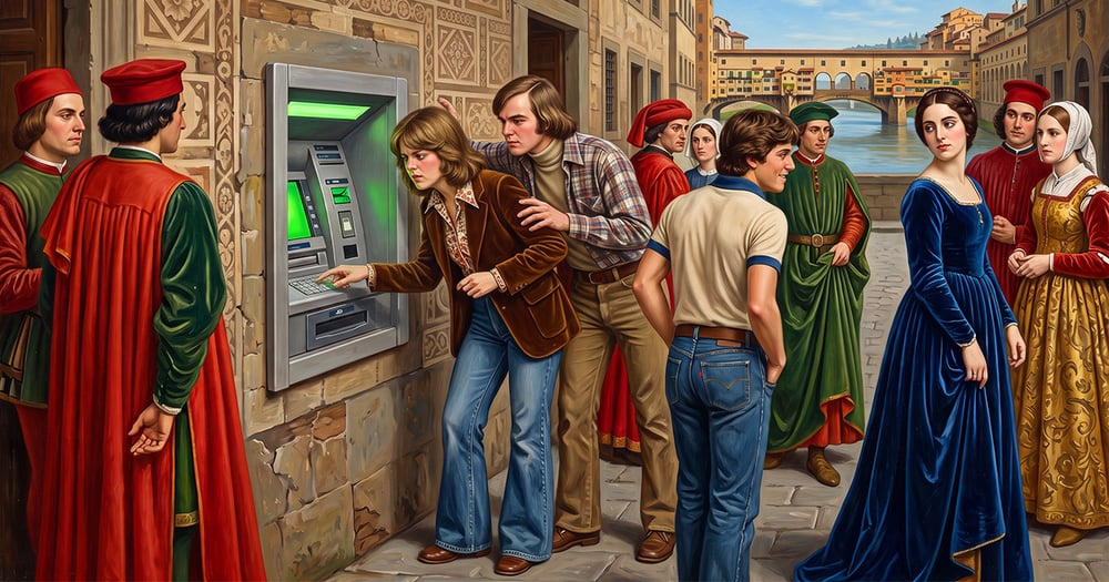 1970s travelers use an ATM in Renaissance Florence as onlookers in period clothing gather near the Ponte Vecchio.