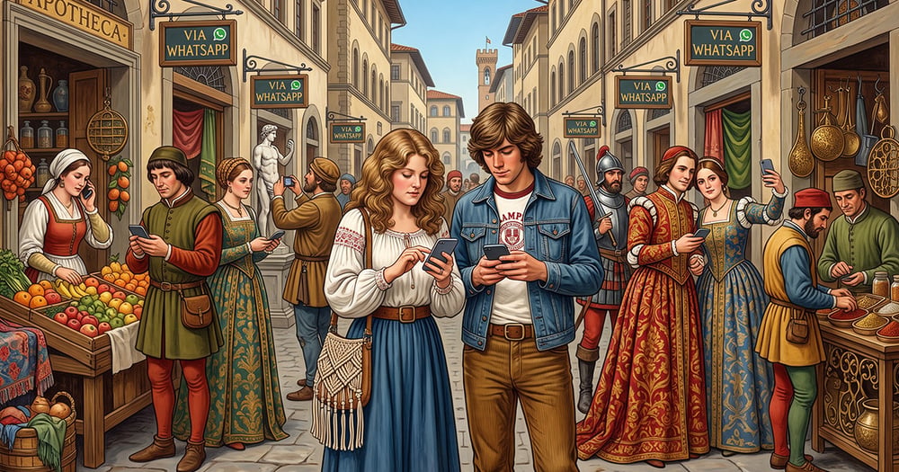 1970s-era students using smartphones on a Renaissance Florence street while local merchants and residents use WhatsApp around them.