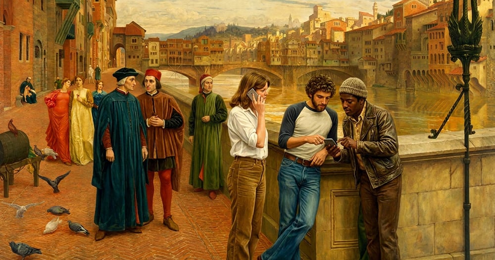 Three college students dressed in 1970s clothing use smartphones beside the Arno River, surrounded by figures in Renaissance dress and a historic view of Florence.